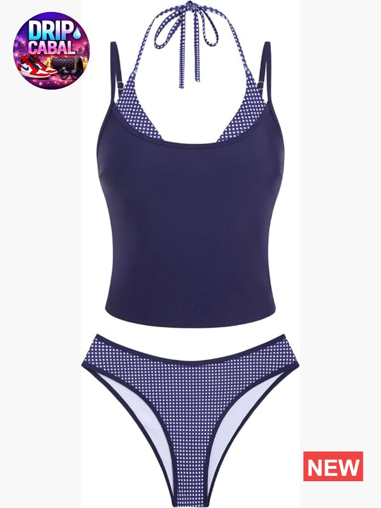 Double Layer Tankini Set Halter Color Block Tummy Control Two Piece Bathing Suit